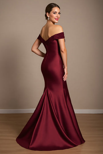 Mermaid Off The Shoulder Burgundy Satin Mother of the Bride Dress
